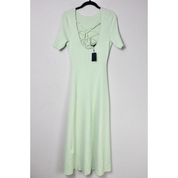 NWT Maje Ruche Tie Back Midi Dress 40 Vert L Ribbed Knit Stretch - Picture 10 of 15
